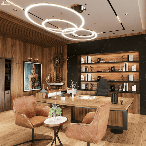 An executive office features a large wooden desk, illuminated shelving, brown guest chairs, and circular pendant lights.