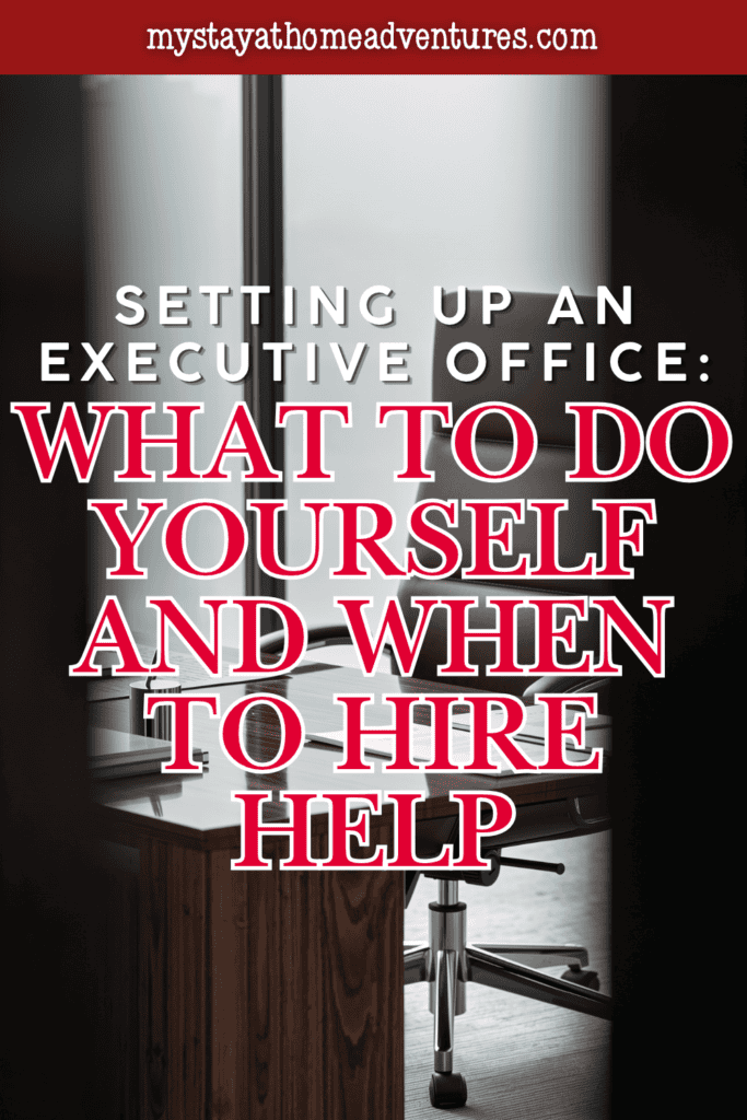 An executive office features a polished wooden desk, a cushioned swivel chair, and tall windows providing natural light.