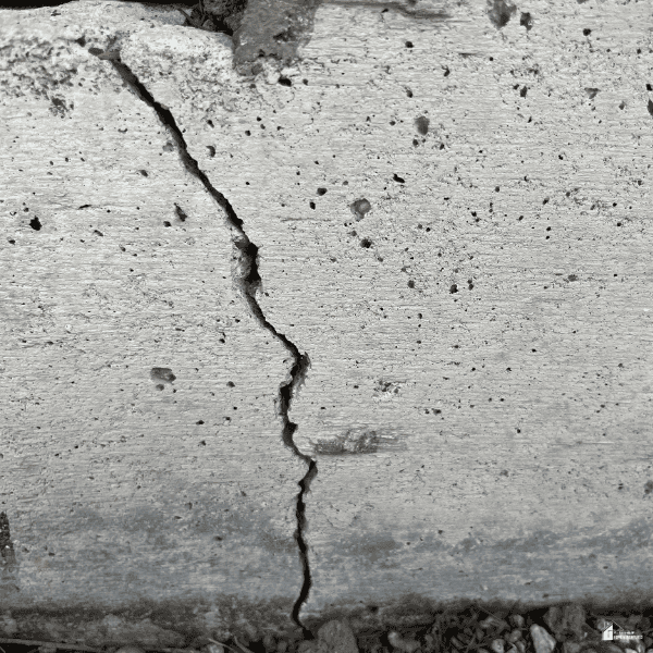 A deep crack in a concrete foundation shows one of the exterior warning signs to check before winter.