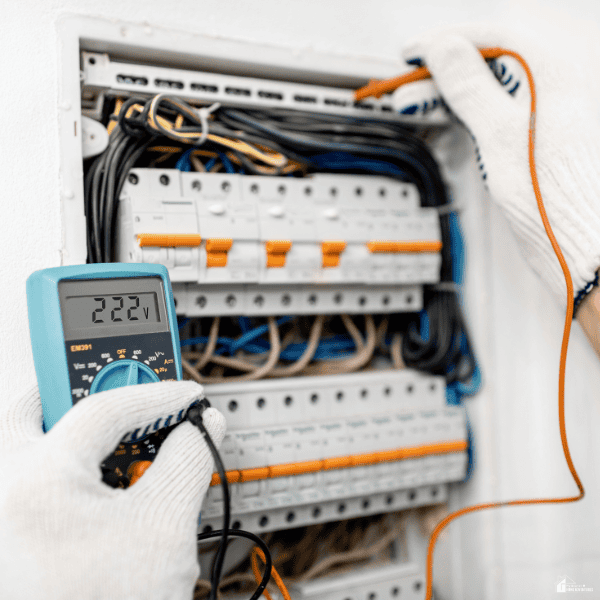 Gloved hands use a digital multimeter to test wiring inside an open electrical panel with rows of orange breaker switches.