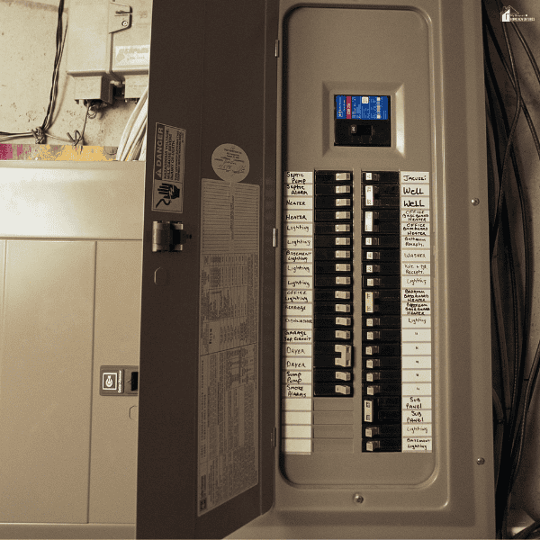 An open electrical panel contains two vertical rows of black circuit breakers beside handwritten labels.