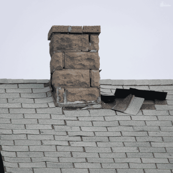 Loose shingles and exposed roofing material beside a chimney show roof problems that could allow water inside.