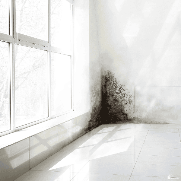Dark patches spread across a wall corner beside large windows, showing visible signs of water damage and mold above a tiled floor.