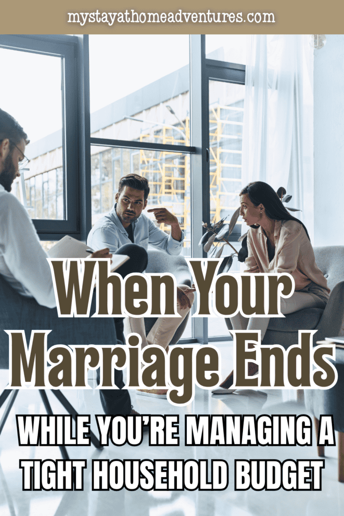 Couple meets with another person holding a notebook, representing divorce discussions amid financial strain and limited funds.