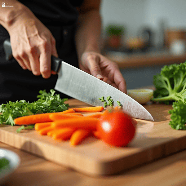 Person slices carrots on a wooden cutting board beside a tomato, broccoli, and fresh herbs.