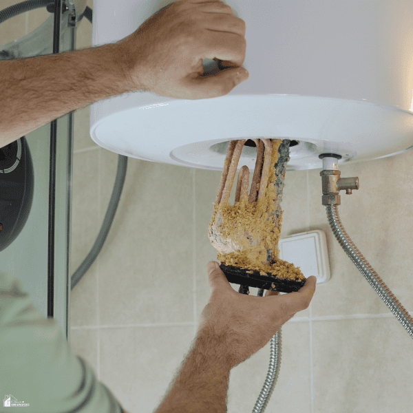 A person removes a heating element covered in thick mineral deposits from the bottom of a water heater.