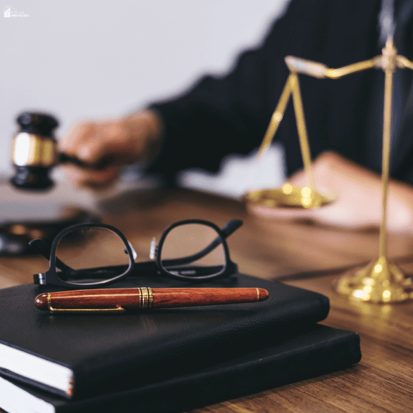 Eyeglasses, notebooks, a wooden pen, and gold balance scales illustrate the legal setting of an injury firm.