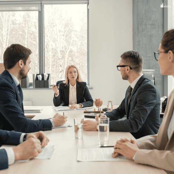 Professionals at an injury firm gather around a conference table to review documents and discuss legal matters.